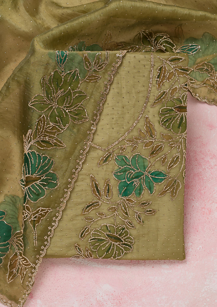 Mehandi Green Tissue Gold Stonework Unstitched Dress Material With Matching Bottom And Dupatta
