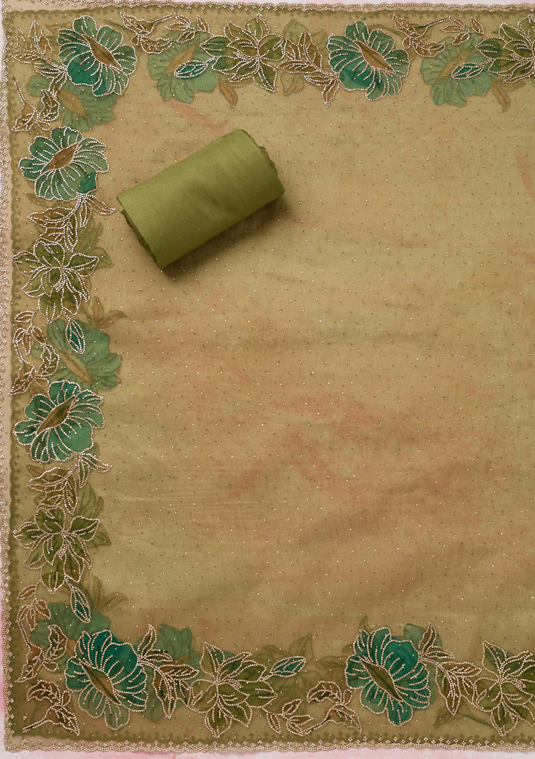 Mehandi Green Tissue Gold Stonework Unstitched Dress Material With Matching Bottom And Dupatta