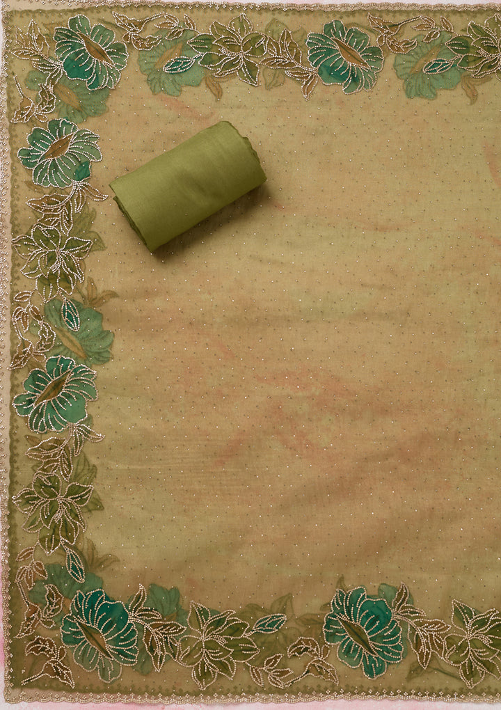 Mehandi Green Tissue Gold Stonework Unstitched Dress Material With Matching Bottom And Dupatta