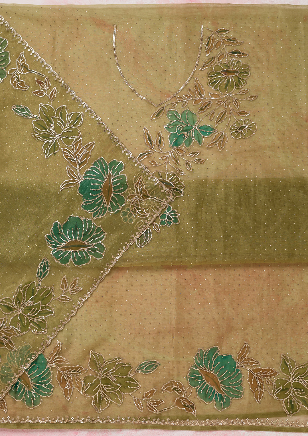 Mehandi Green Tissue Gold Stonework Unstitched Dress Material With Matching Bottom And Dupatta