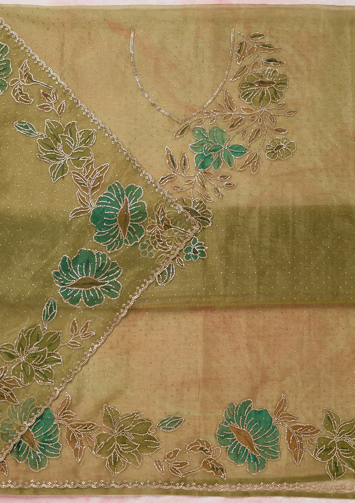 Mehandi Green Tissue Gold Stonework Unstitched Dress Material With Matching Bottom And Dupatta