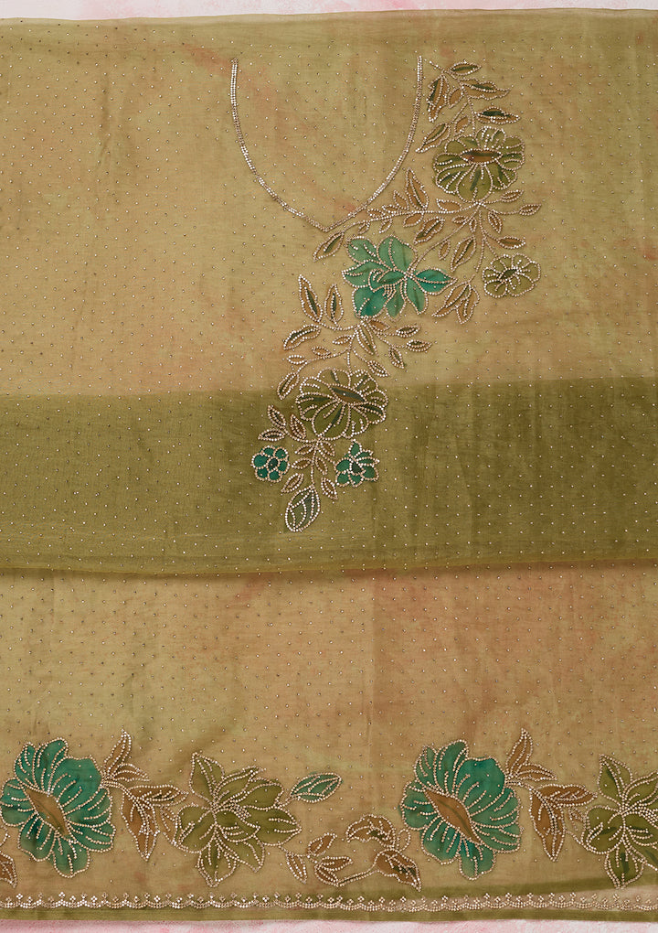 Mehandi Green Tissue Gold Stonework Unstitched Dress Material With Matching Bottom And Dupatta
