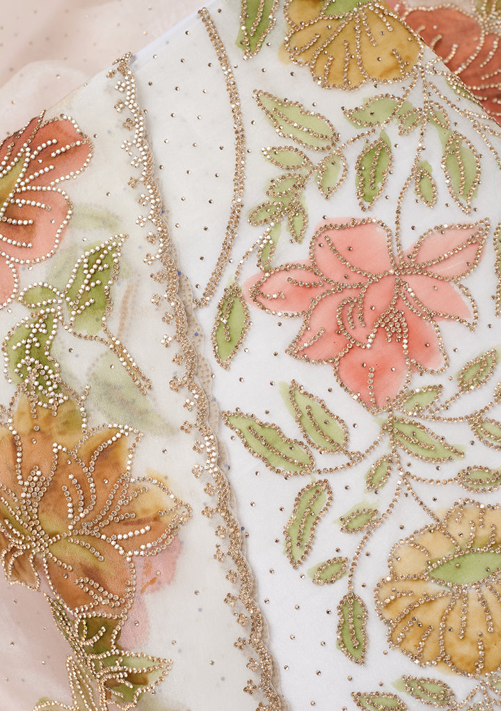Off White Tissue Gold Stonework Unstitched Dress Material With Matching Bottom And Dupatta