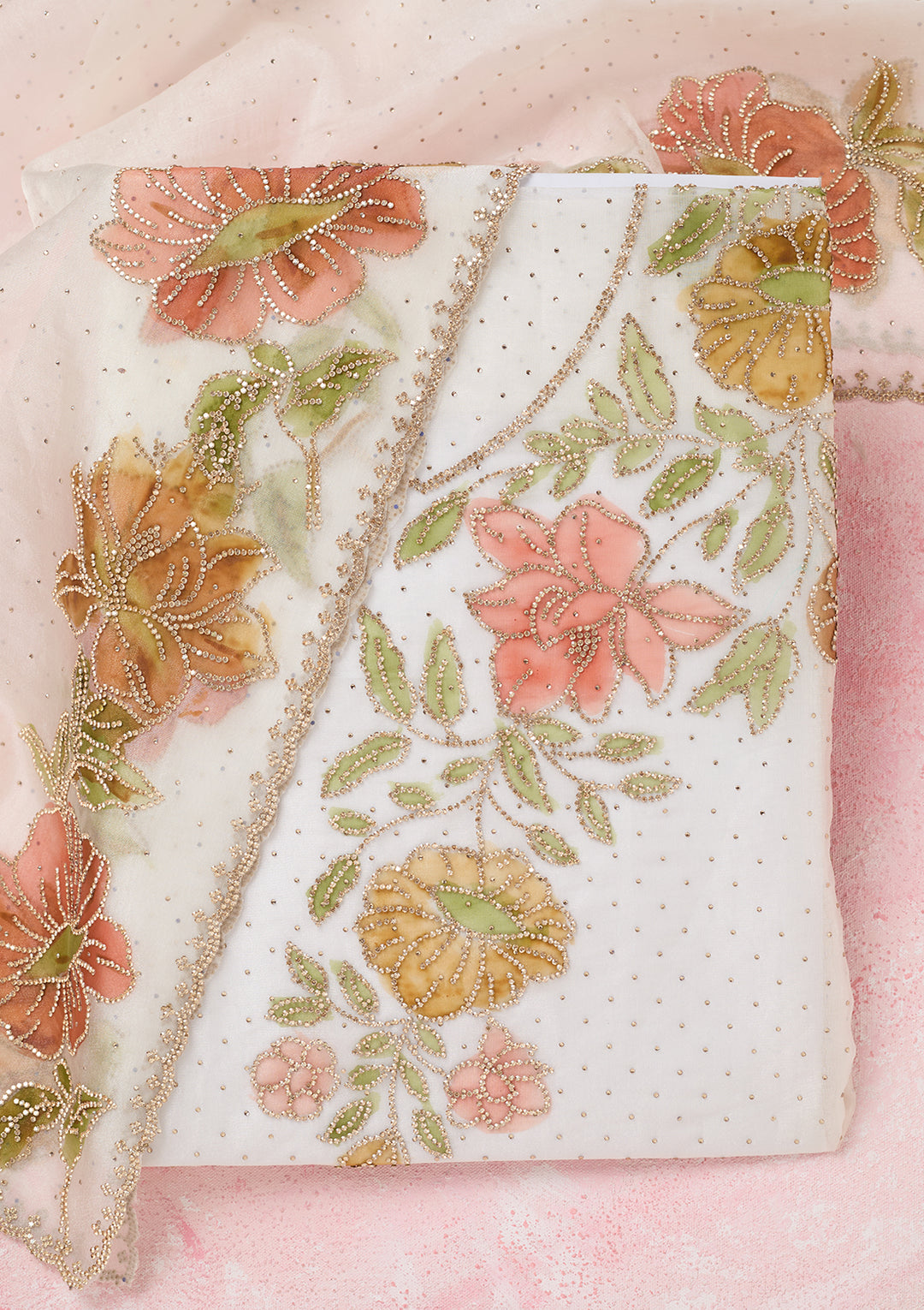 Off White Tissue Gold Stonework Unstitched Dress Material With Matching Bottom And Dupatta