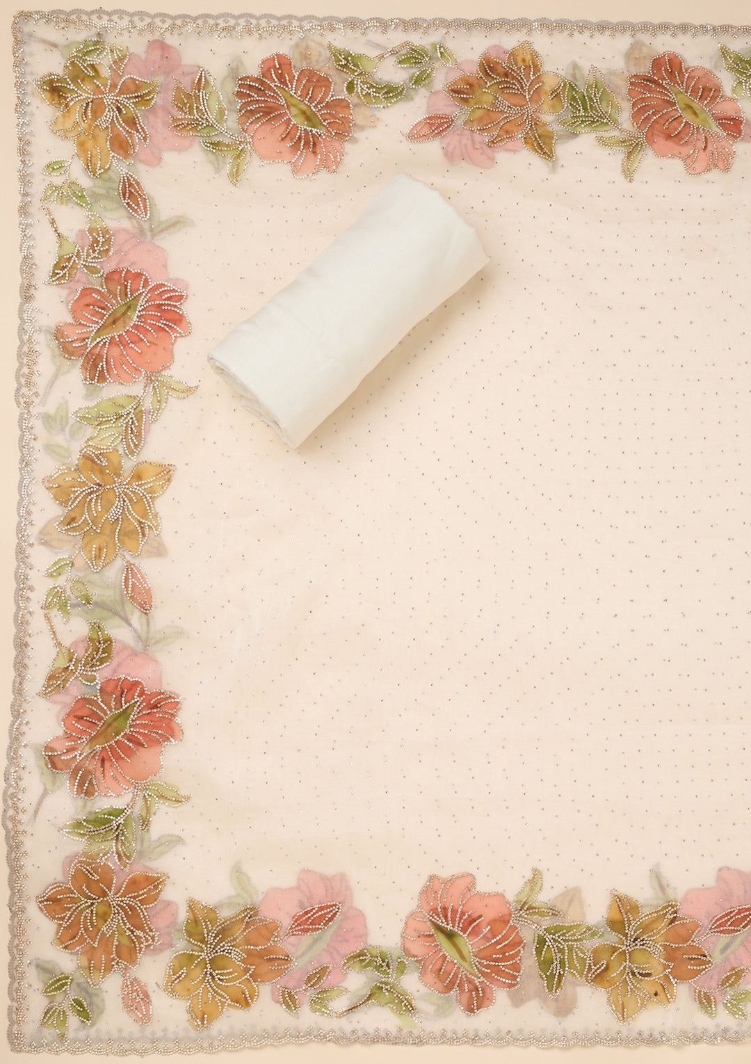Off White Tissue Gold Stonework Unstitched Dress Material With Matching Bottom And Dupatta