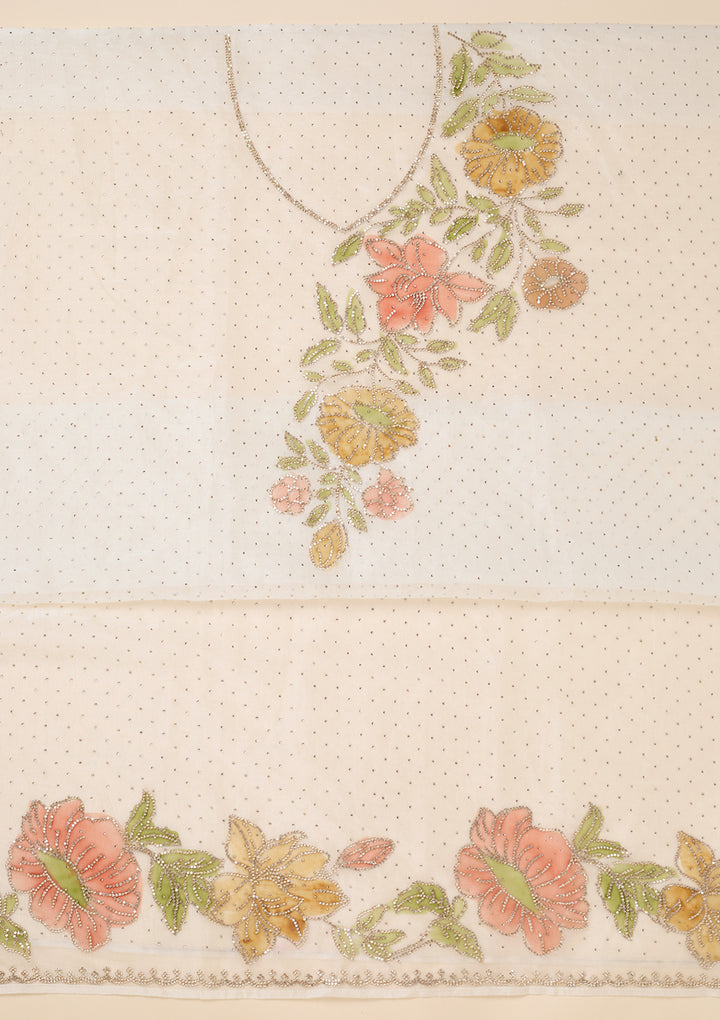 Off White Tissue Gold Stonework Unstitched Dress Material With Matching Bottom And Dupatta