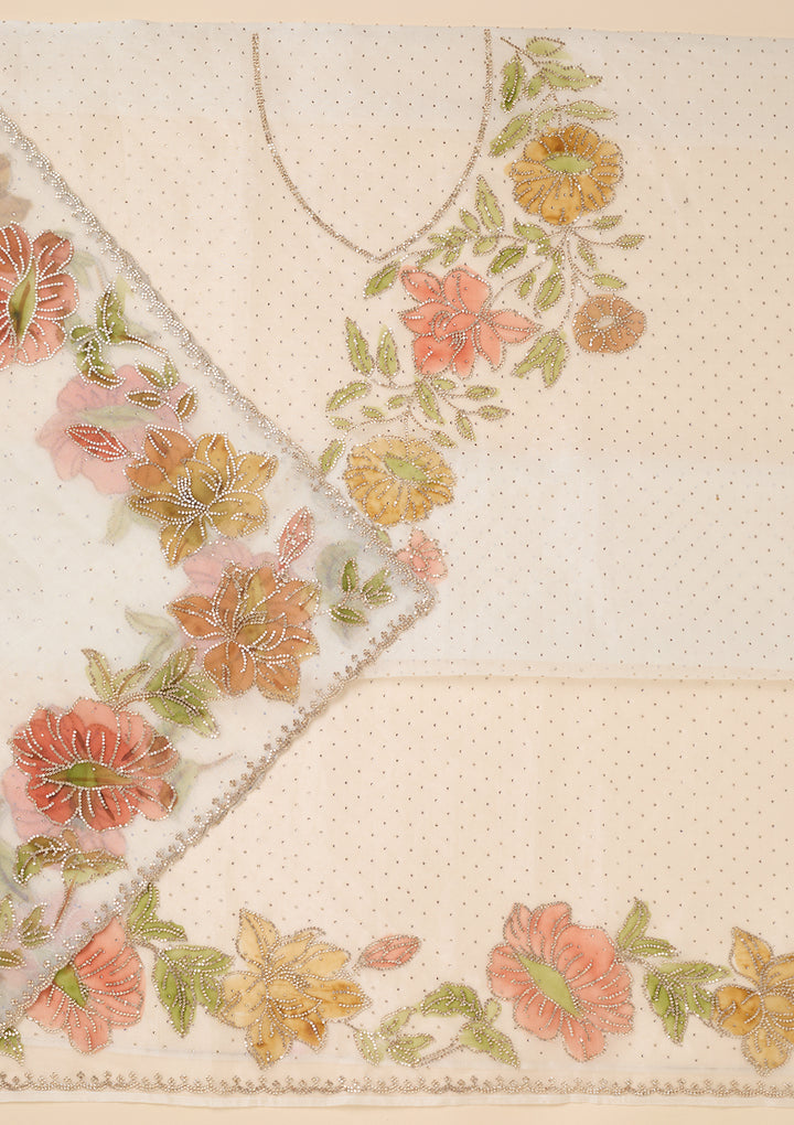Off White Tissue Gold Stonework Unstitched Dress Material With Matching Bottom And Dupatta
