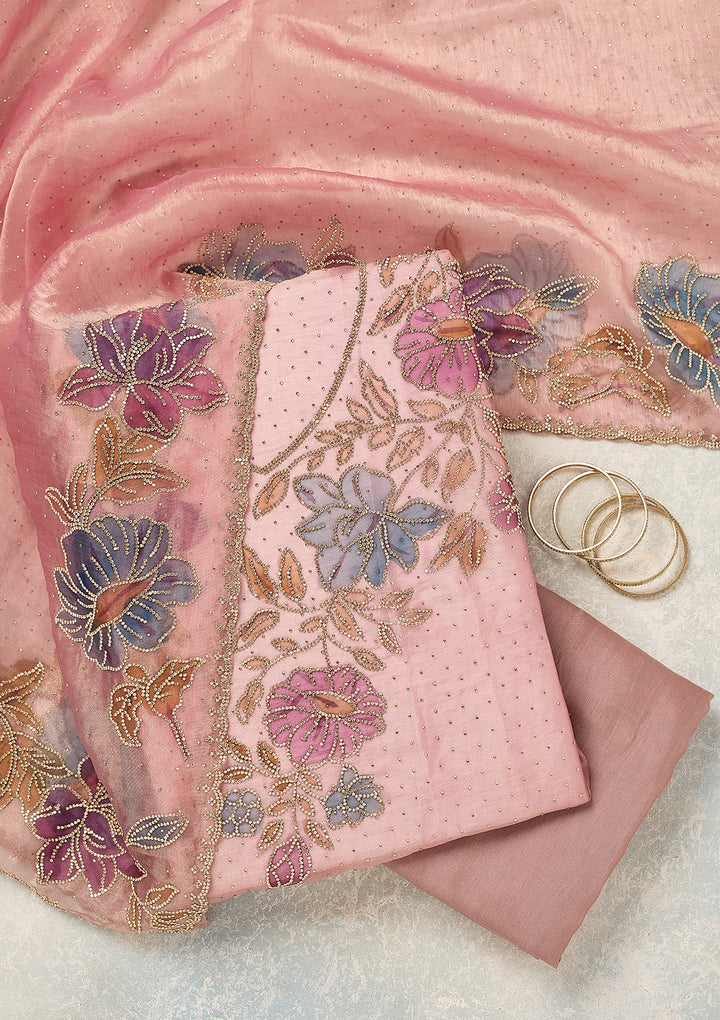 Onion Pink Tissue Gold Stonework Unstitched Dress Material With Matching Bottom And Dupatta