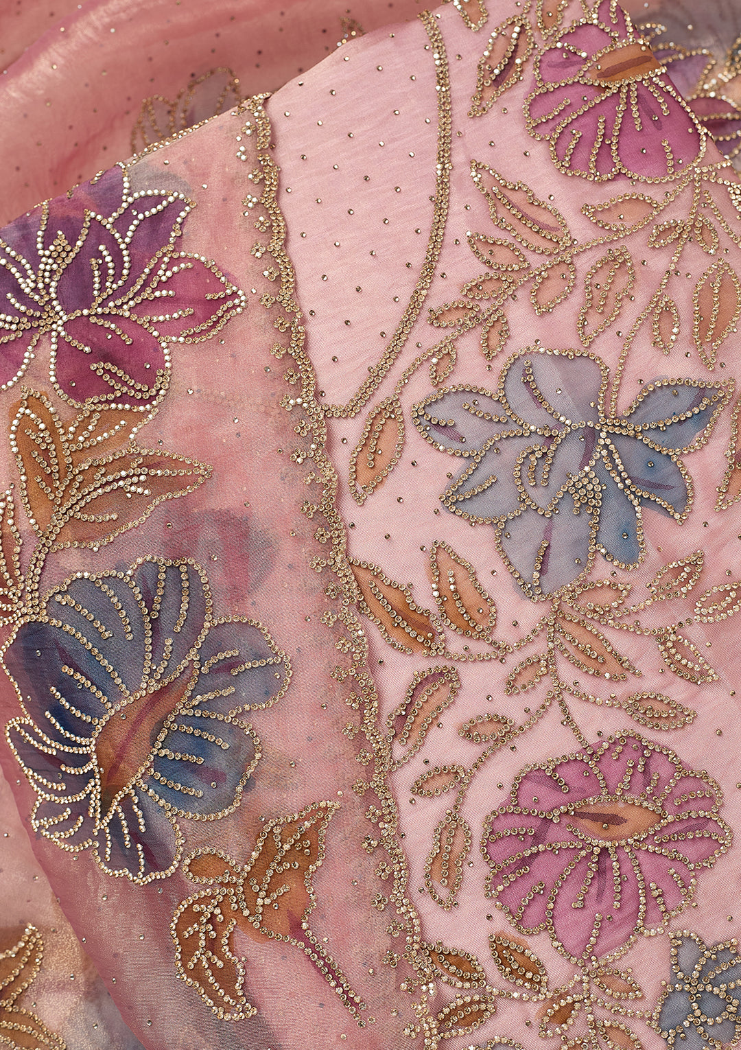 Onion Pink Tissue Gold Stonework Unstitched Dress Material With Matching Bottom And Dupatta