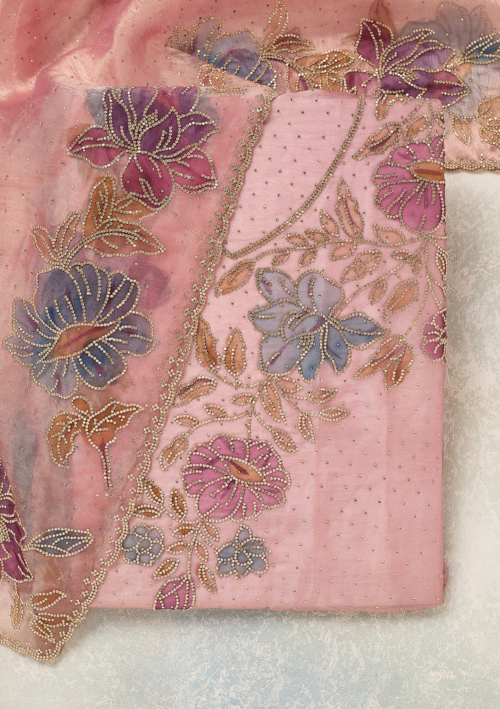 Onion Pink Tissue Gold Stonework Unstitched Dress Material With Matching Bottom And Dupatta