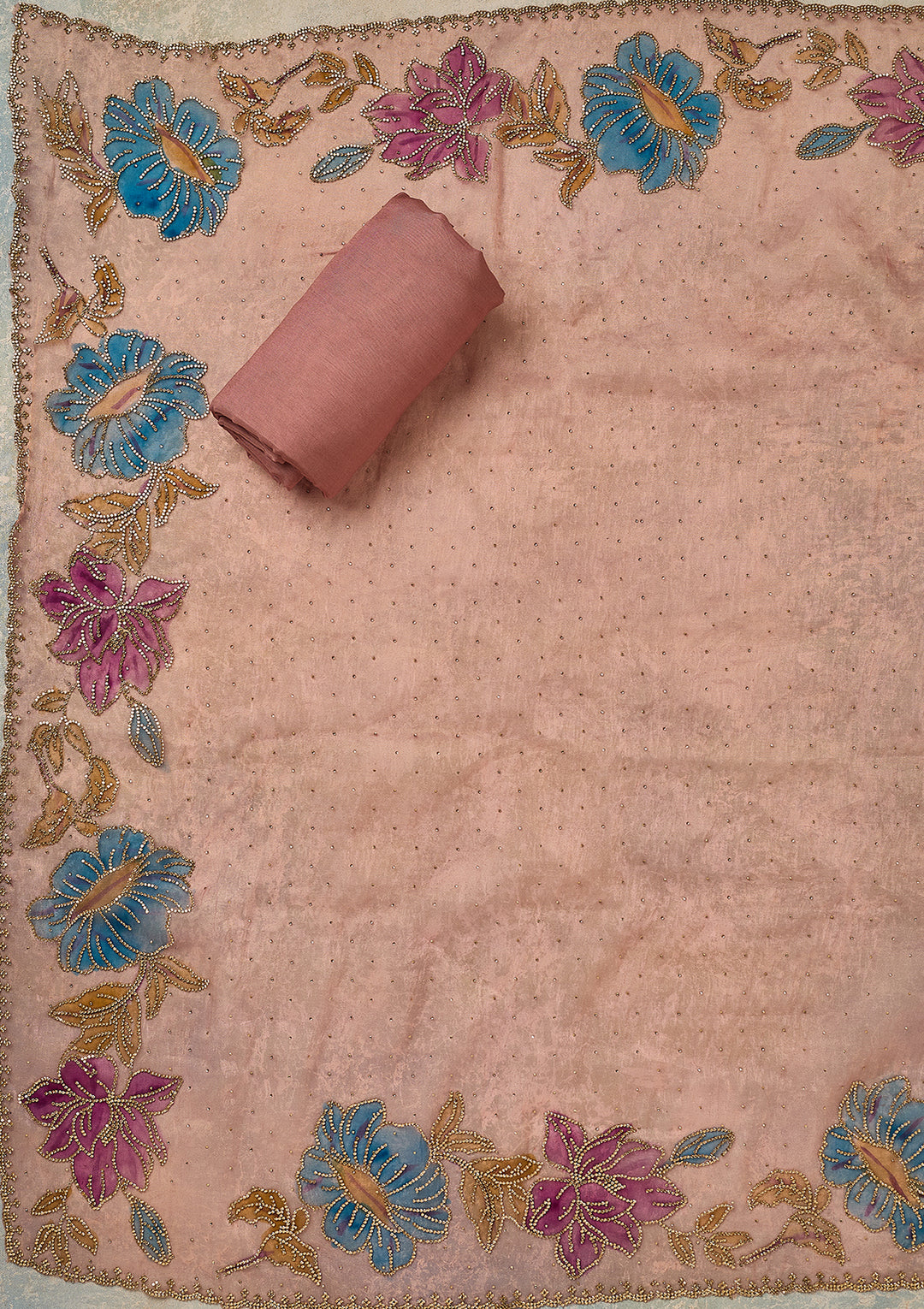 Onion Pink Tissue Gold Stonework Unstitched Dress Material With Matching Bottom And Dupatta