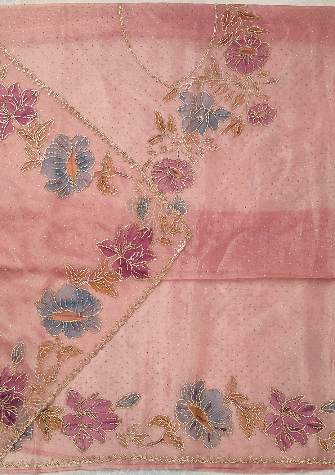 Onion Pink Tissue Gold Stonework Unstitched Dress Material With Matching Bottom And Dupatta
