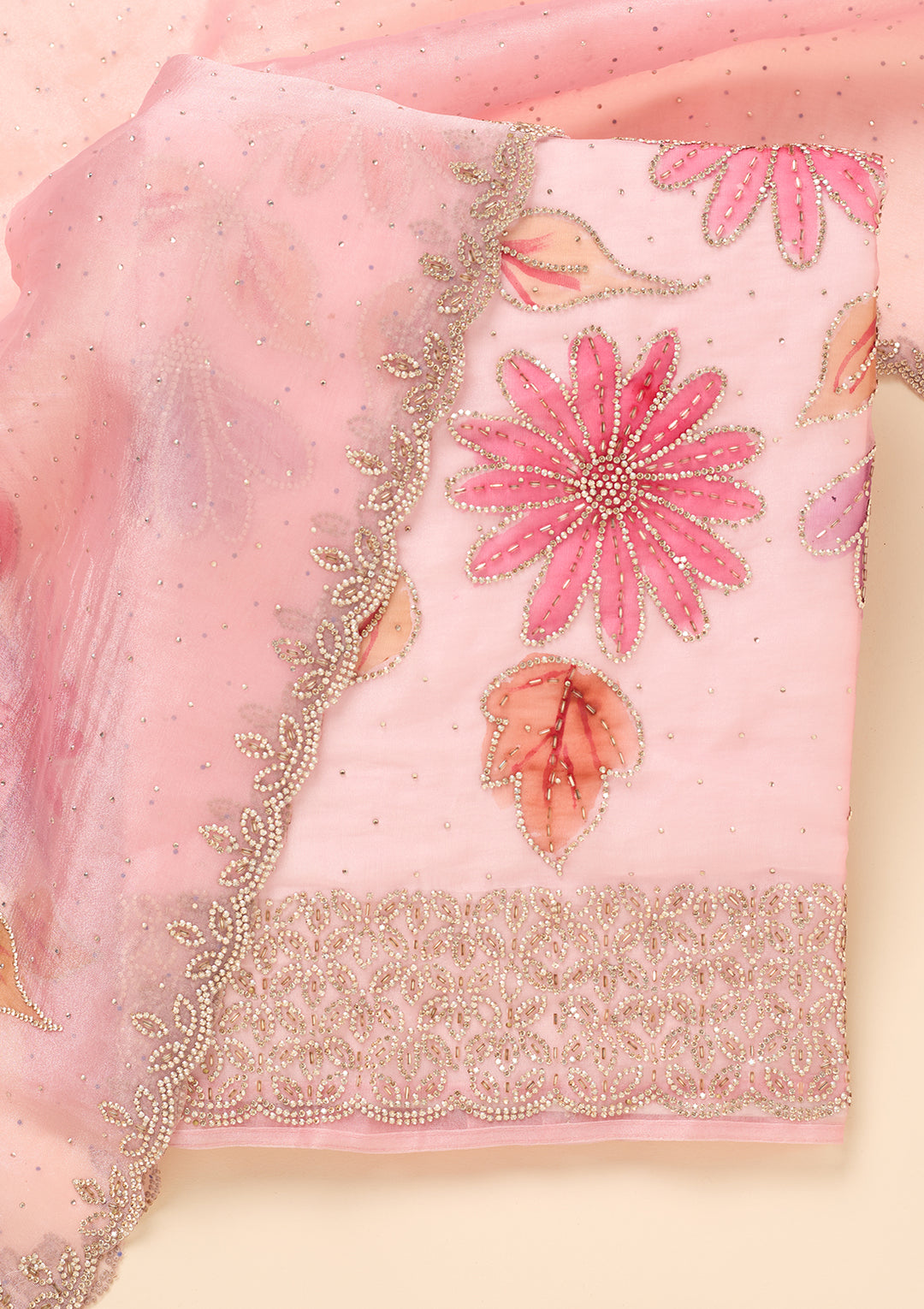 Baby Pink Stonework (Gold) Tissue Unstitched Salwar Suit