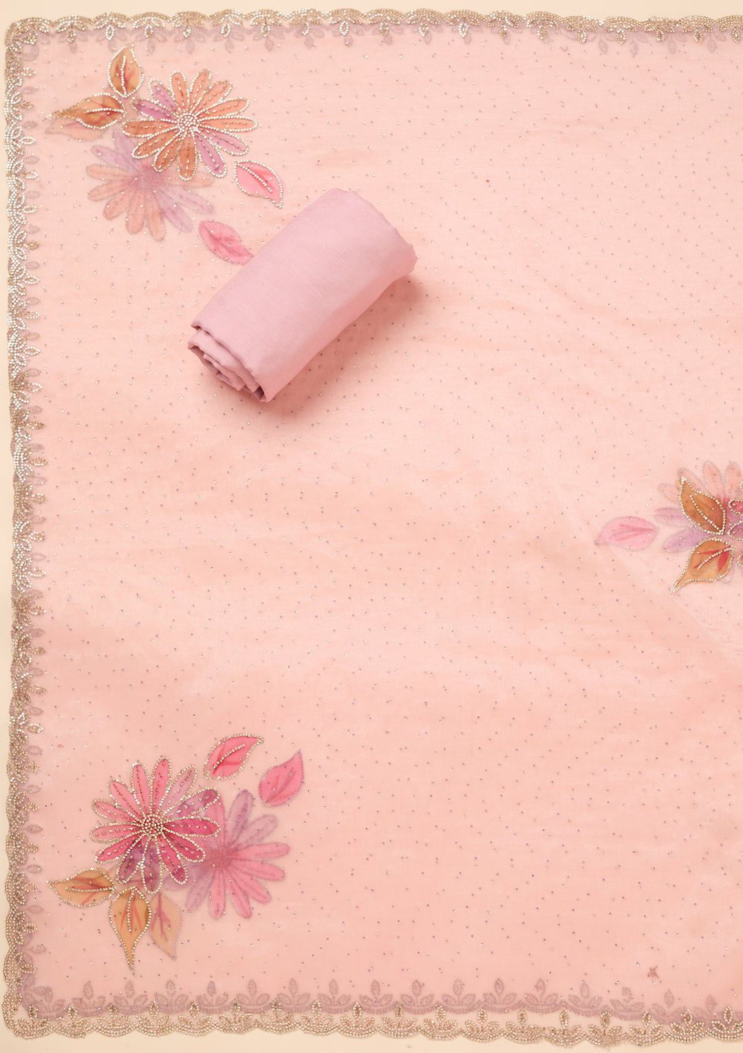 Baby Pink Stonework (Gold) Tissue Unstitched Salwar Suit