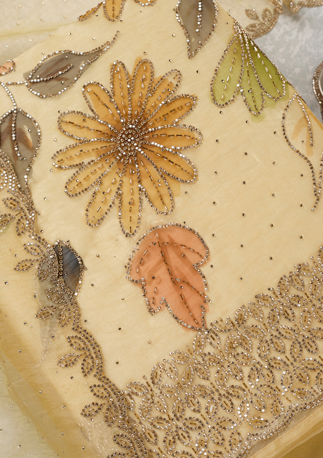 Gold Tissue Gold Stonework Unstitched Dress Material With Matching Bottom And Dupatta
