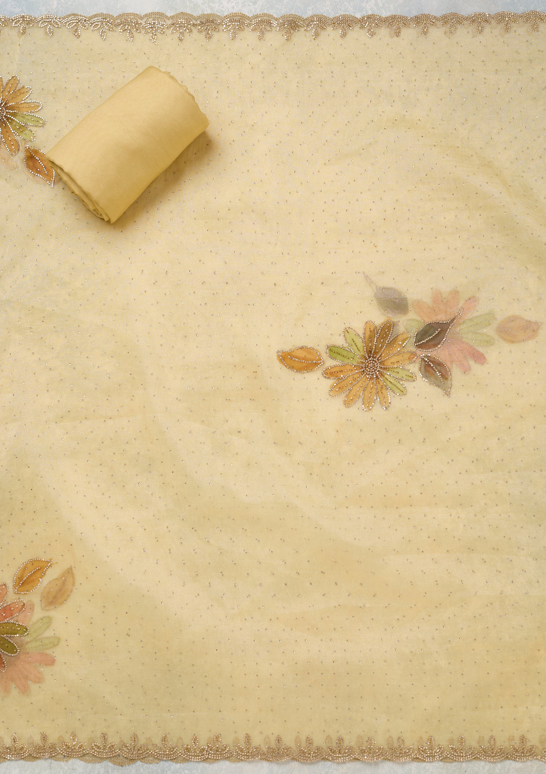 Gold Tissue Gold Stonework Unstitched Dress Material With Matching Bottom And Dupatta