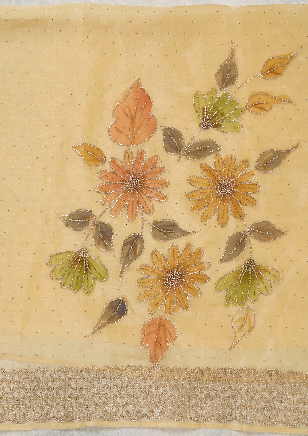 Gold Tissue Gold Stonework Unstitched Dress Material With Matching Bottom And Dupatta