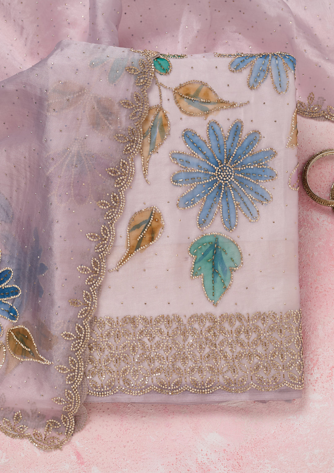 Lavender Tissue Gold Stonework Unstitched Dress Material With Matching Bottom And Dupatta