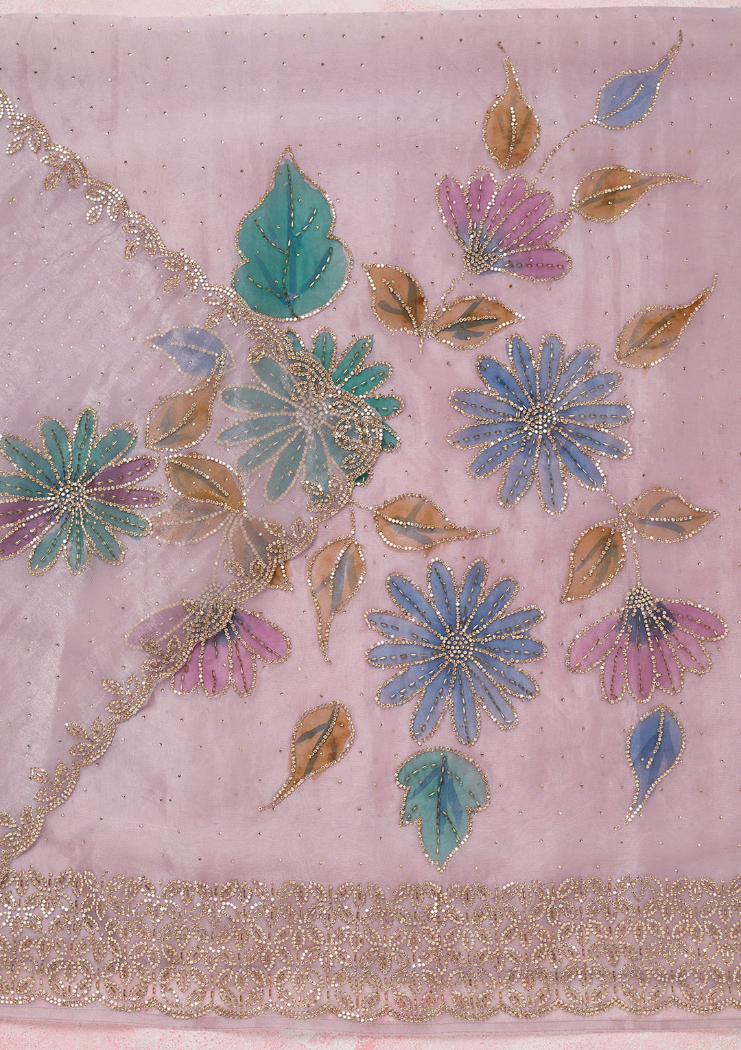 Lavender Tissue Gold Stonework Unstitched Dress Material With Matching Bottom And Dupatta