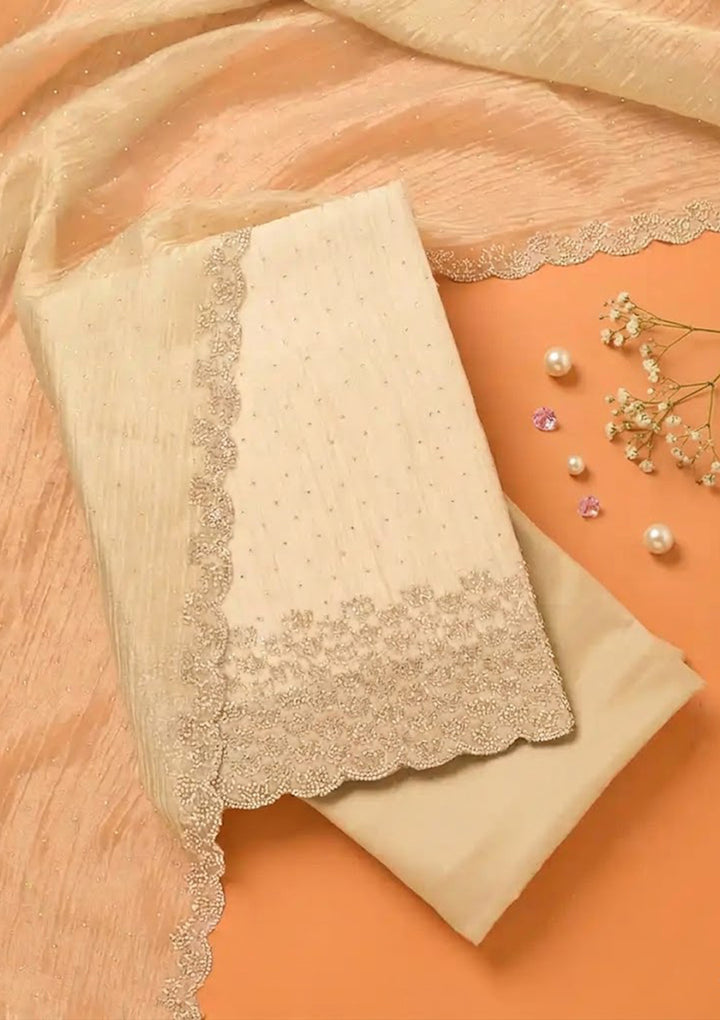 Beige Tissue Gold Stonework Unstitched Dress Material With Matching Bottom And Dupatta