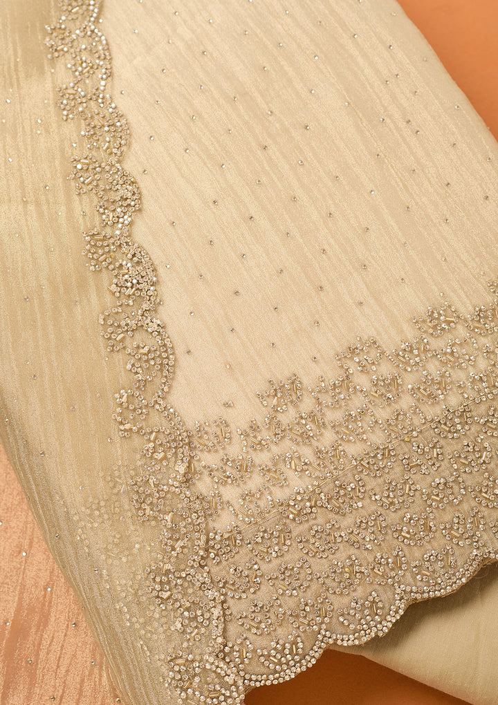Beige Tissue Gold Stonework Unstitched Dress Material With Matching Bottom And Dupatta