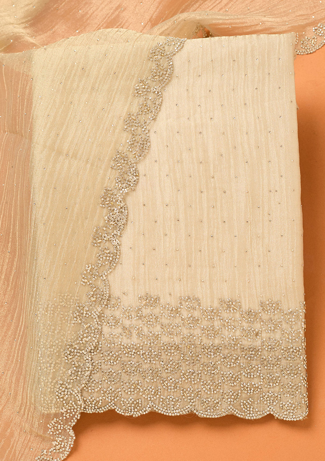 Beige Tissue Gold Stonework Unstitched Dress Material With Matching Bottom And Dupatta