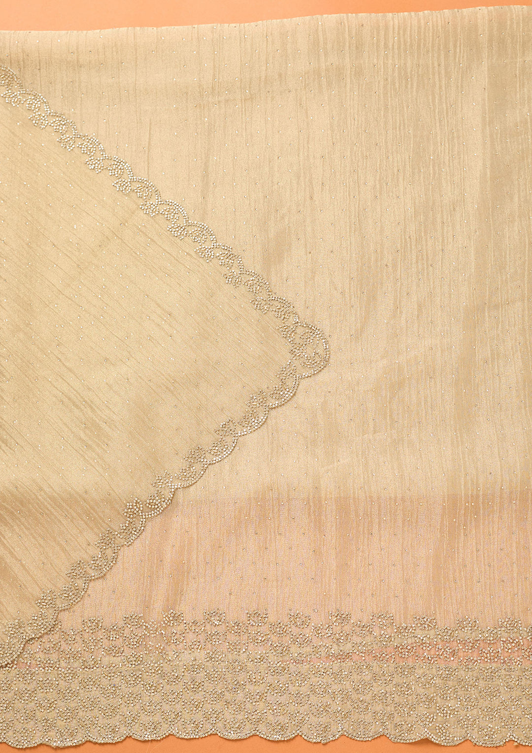 Beige Tissue Gold Stonework Unstitched Dress Material With Matching Bottom And Dupatta