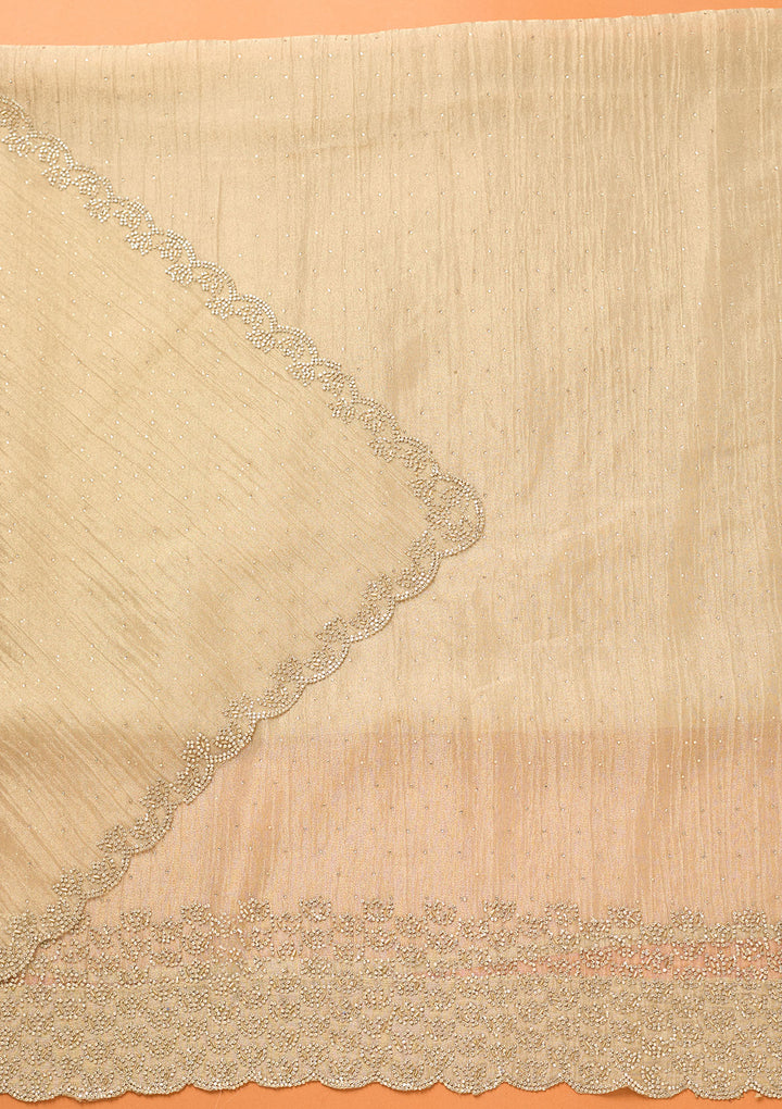Beige Tissue Gold Stonework Unstitched Dress Material With Matching Bottom And Dupatta