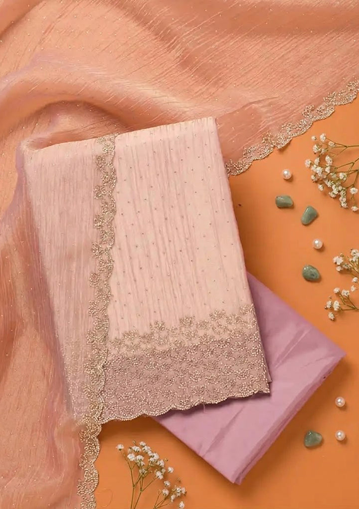 Lavender Tissue Gold Stonework Unstitched Dress Material With Matching Bottom And Dupatta
