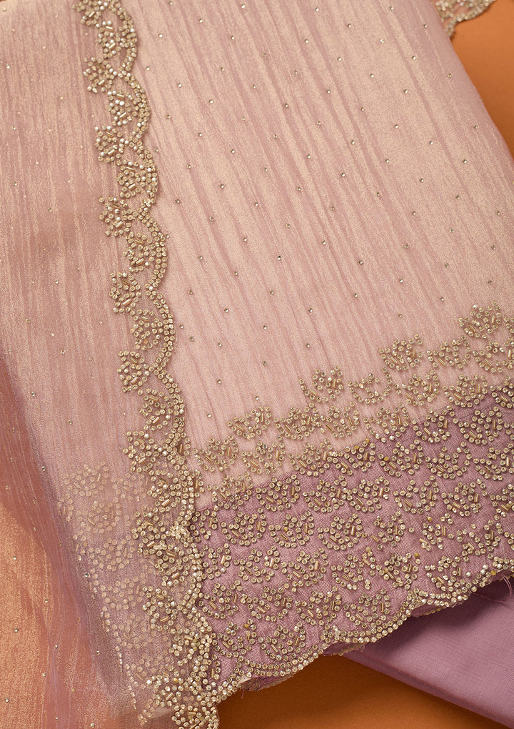 Lavender Tissue Gold Stonework Unstitched Dress Material With Matching Bottom And Dupatta