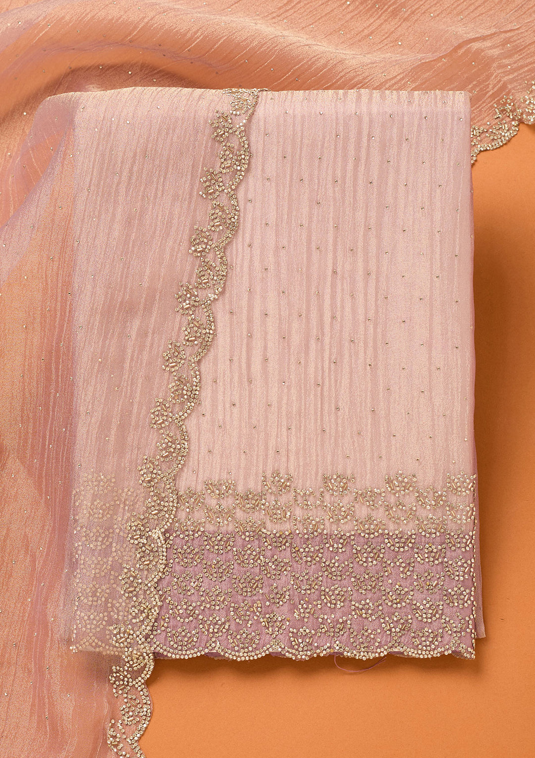 Lavender Tissue Gold Stonework Unstitched Dress Material With Matching Bottom And Dupatta