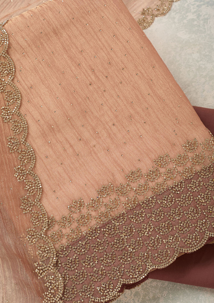 Peach Tissue Gold Stonework Unstitched Dress Material With Matching Bottom And Dupatta