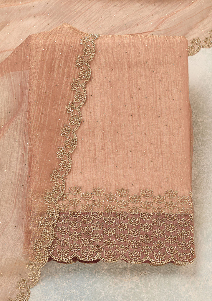 Peach Tissue Gold Stonework Unstitched Dress Material With Matching Bottom And Dupatta