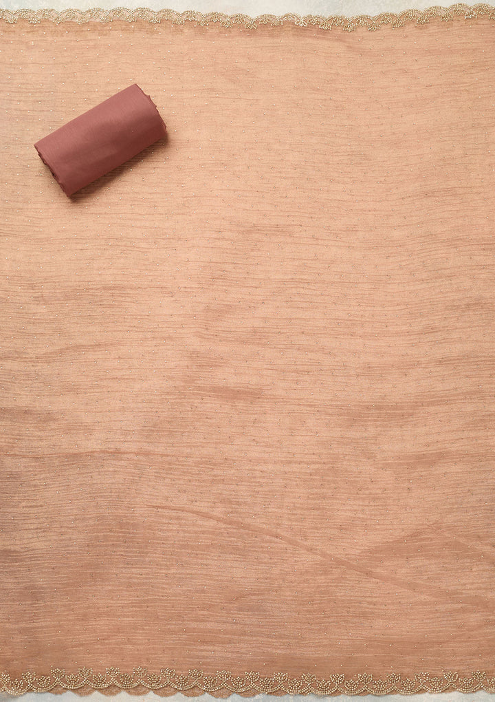 Peach Tissue Gold Stonework Unstitched Dress Material With Matching Bottom And Dupatta