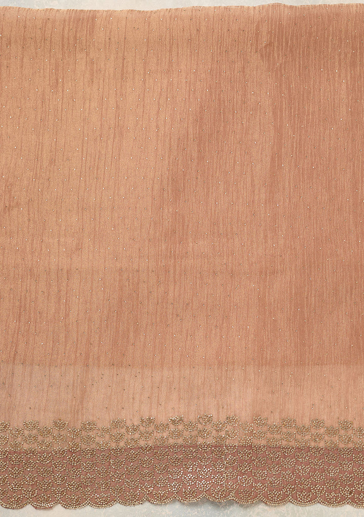 Peach Tissue Gold Stonework Unstitched Dress Material With Matching Bottom And Dupatta