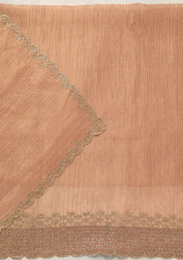 Peach Tissue Gold Stonework Unstitched Dress Material With Matching Bottom And Dupatta