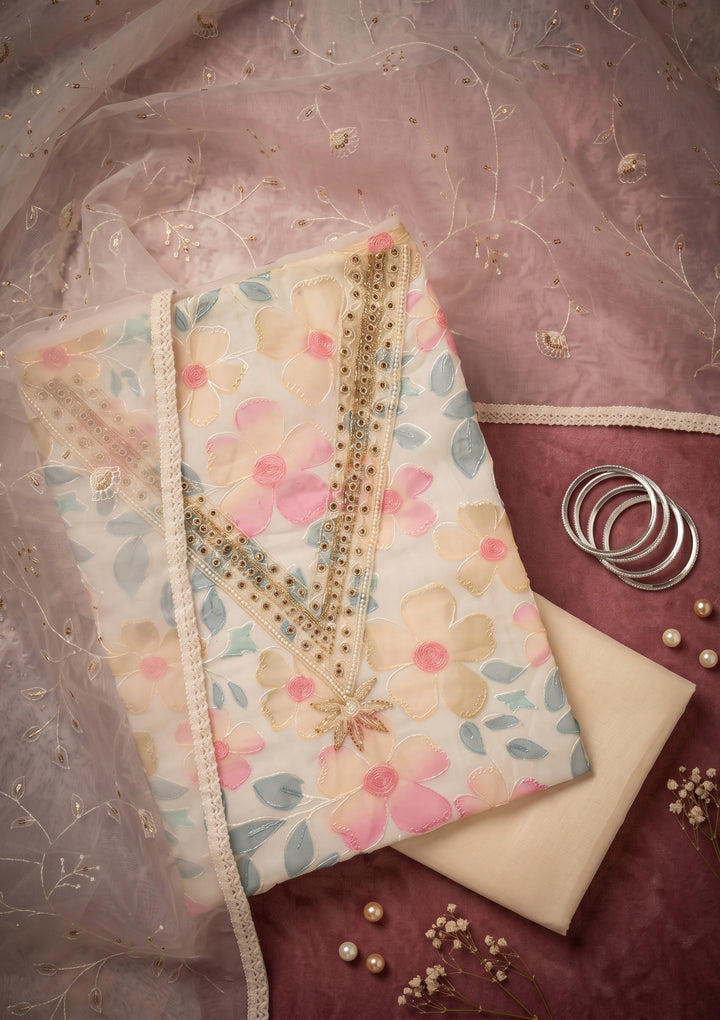 Off White Multi Organza Gold Stonework Unstitched Dress Material With Matching Bottom And Dupatta