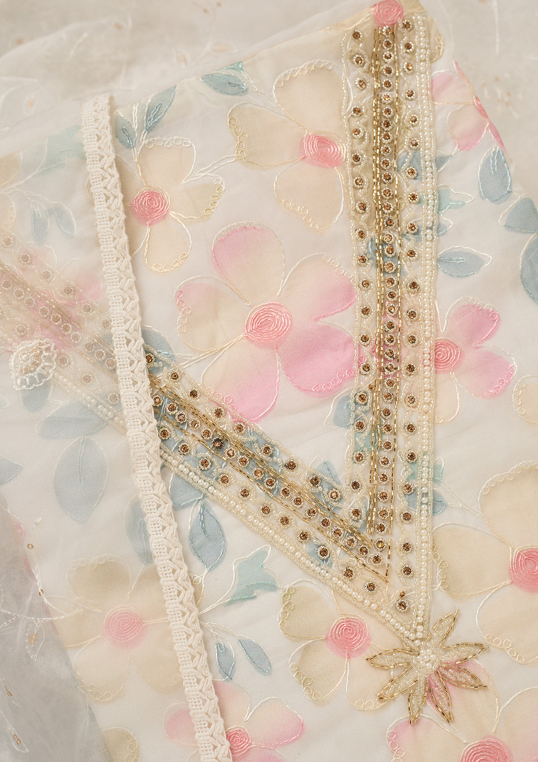 Off White Multi Organza Gold Stonework Unstitched Dress Material With Matching Bottom And Dupatta