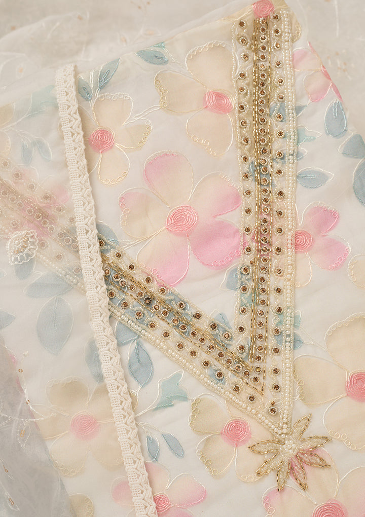 Off White Multi Organza Gold Stonework Unstitched Dress Material With Matching Bottom And Dupatta