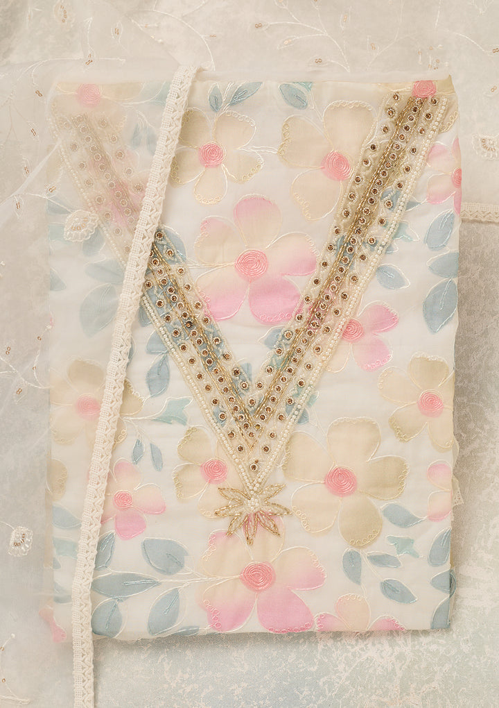 Off White Multi Organza Gold Stonework Unstitched Dress Material With Matching Bottom And Dupatta
