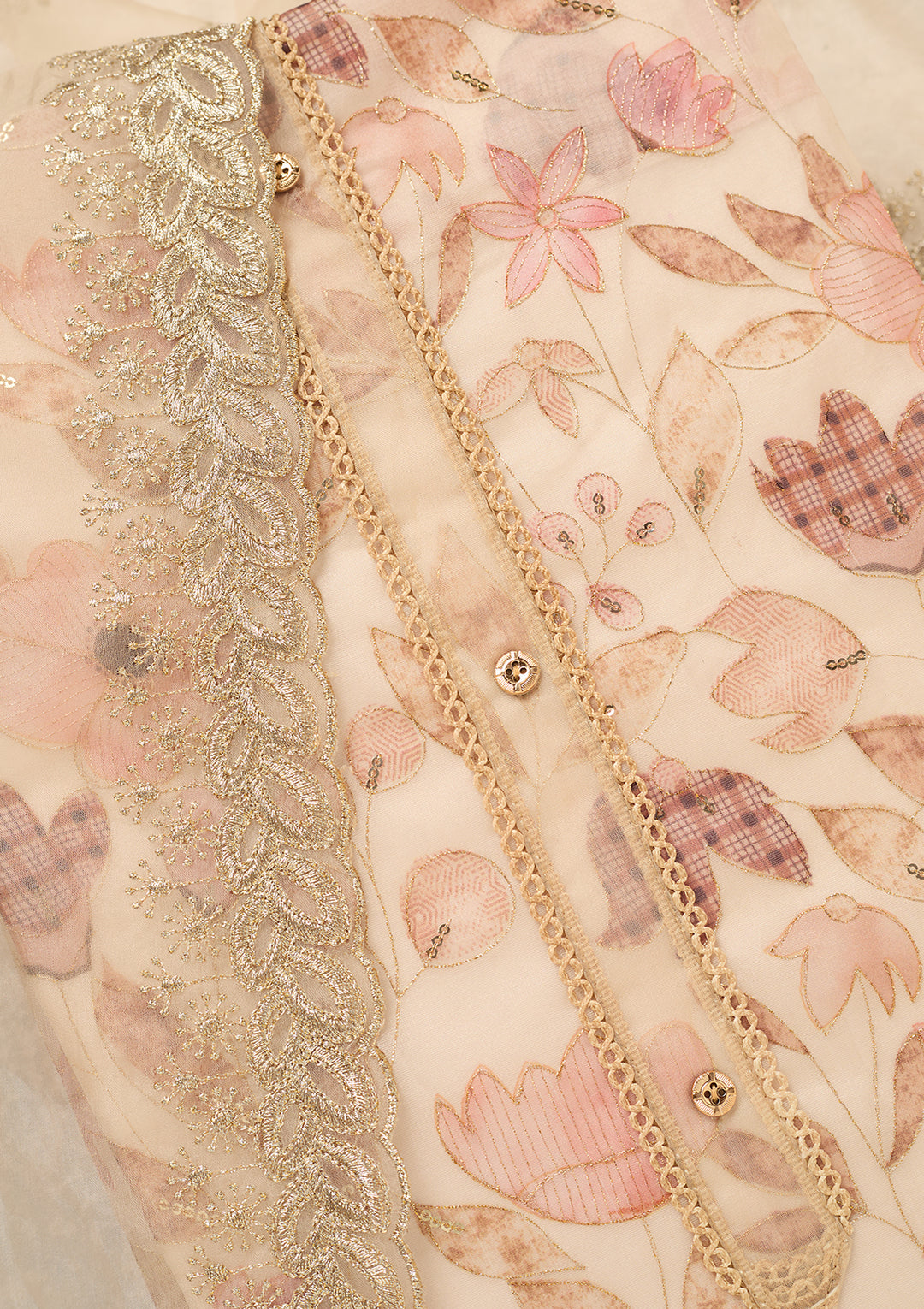 Beige Organza Gold Zariwork Unstitched Dress Material With Matching Bottom And Dupatta