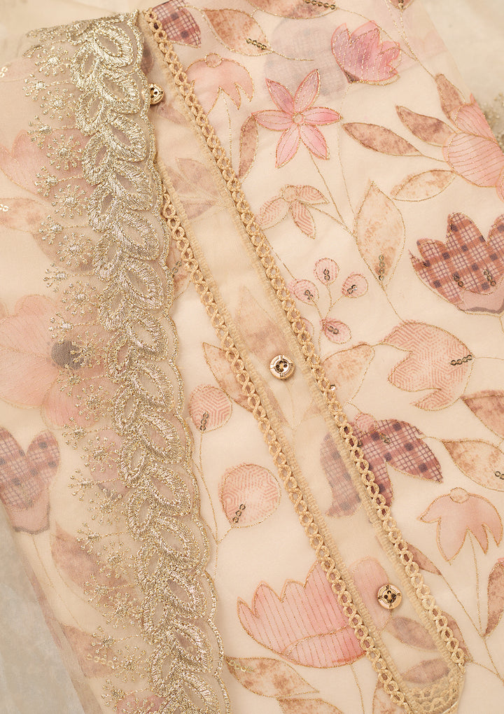 Beige Organza Gold Zariwork Unstitched Dress Material With Matching Bottom And Dupatta