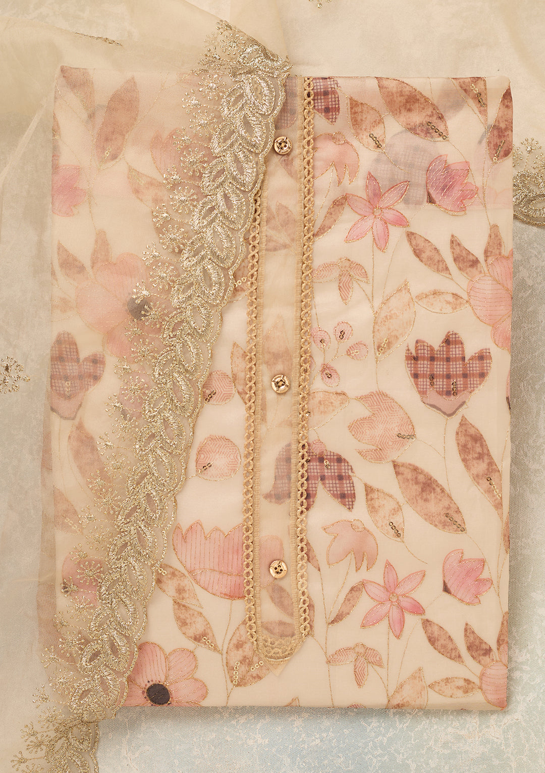 Beige Organza Gold Zariwork Unstitched Dress Material With Matching Bottom And Dupatta