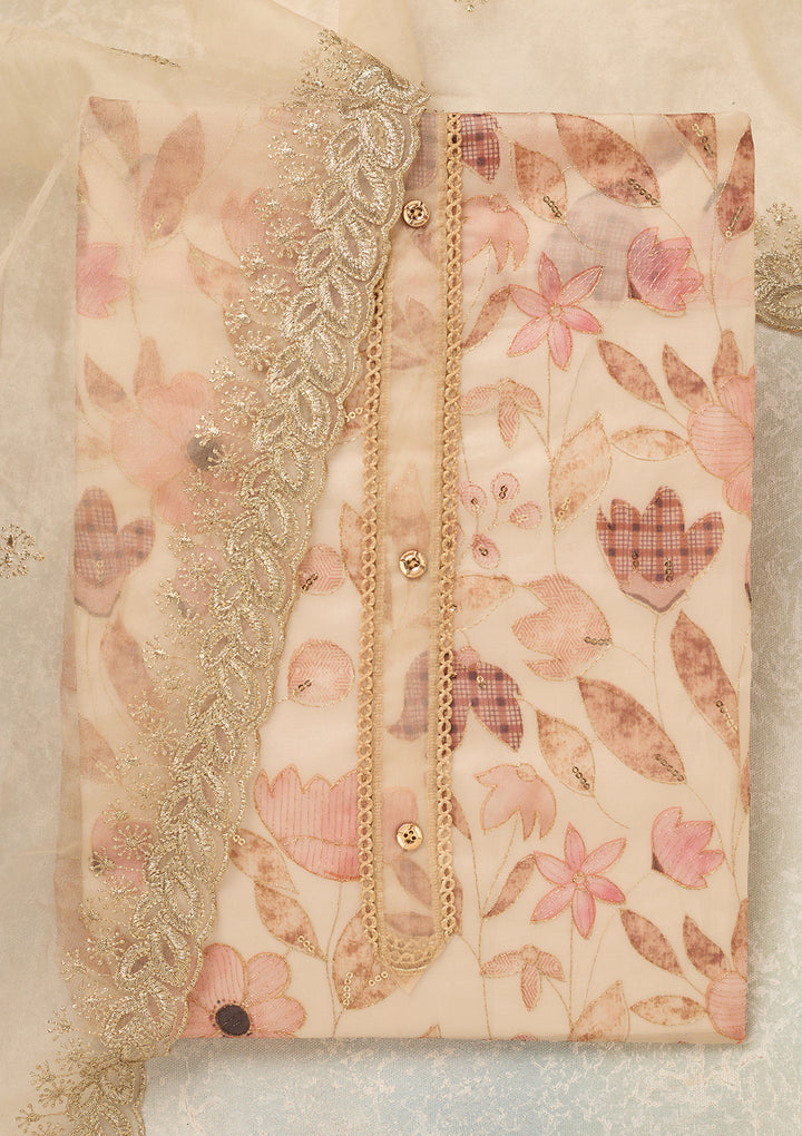 Beige Organza Gold Zariwork Unstitched Dress Material With Matching Bottom And Dupatta