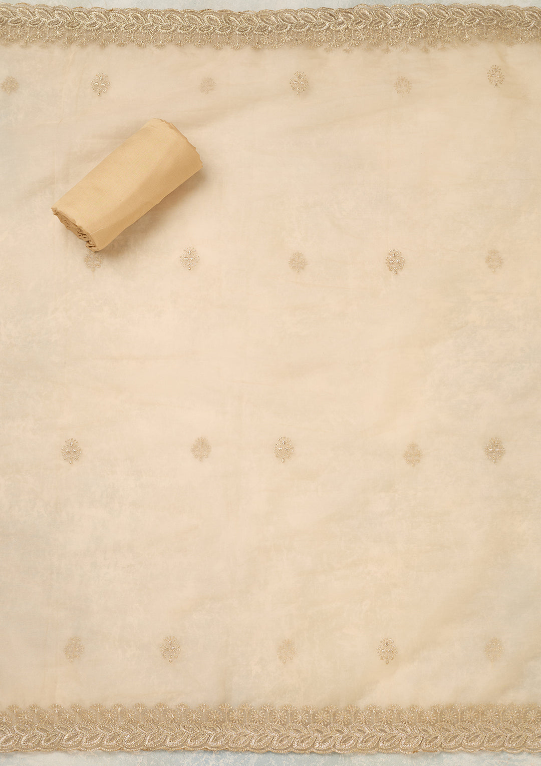 Beige Organza Gold Zariwork Unstitched Dress Material With Matching Bottom And Dupatta