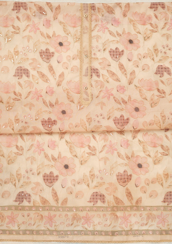 Beige Organza Gold Zariwork Unstitched Dress Material With Matching Bottom And Dupatta