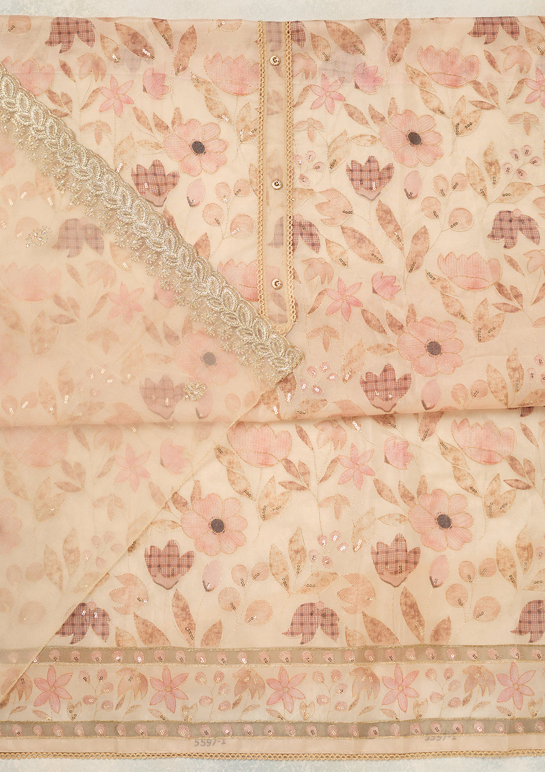 Beige Organza Gold Zariwork Unstitched Dress Material With Matching Bottom And Dupatta