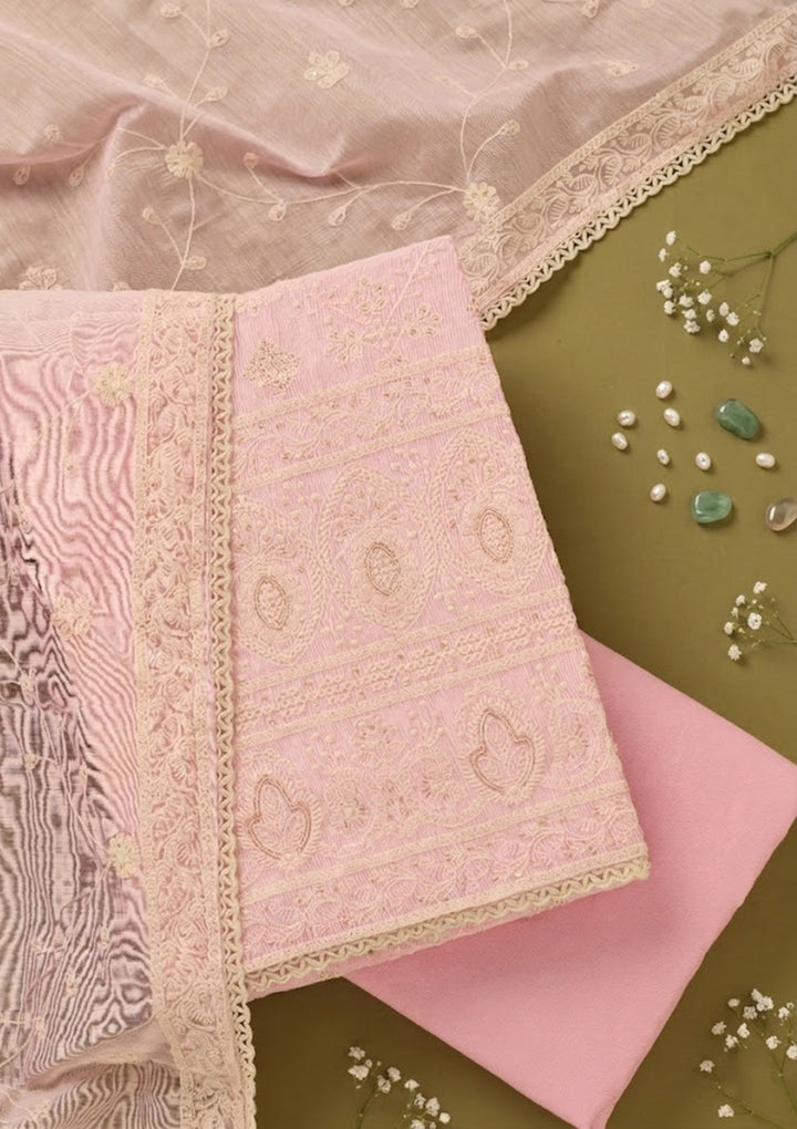 Baby Pink Cotton Threadwork Unstitched Dress Material With Matching Bottom And Dupatta