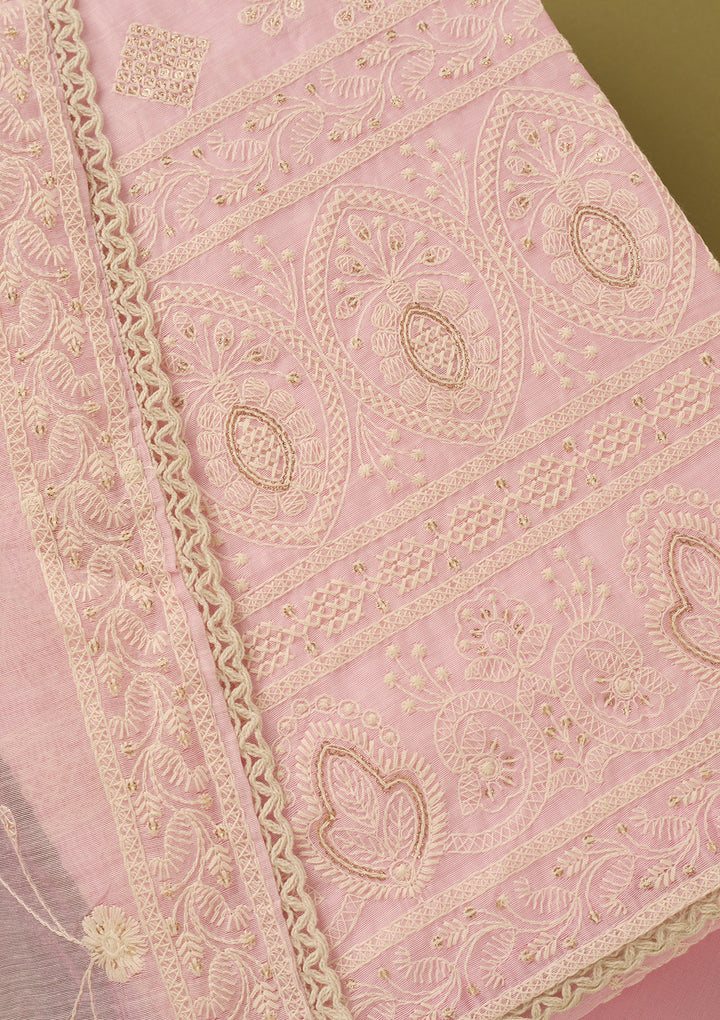 Baby Pink Cotton Threadwork Unstitched Dress Material With Matching Bottom And Dupatta