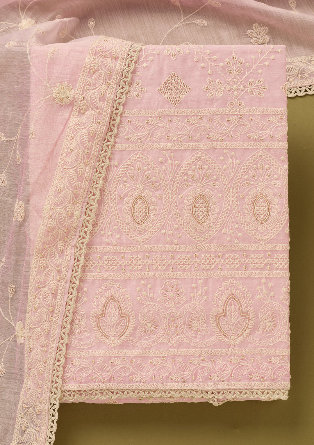 Baby Pink Cotton Threadwork Unstitched Dress Material With Matching Bottom And Dupatta